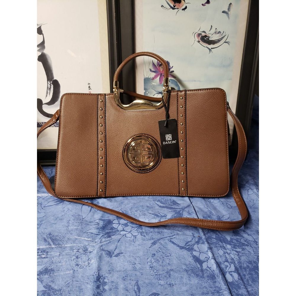 DASEIN WOMEN'S PROFOLIO COFFEE CROSS BODY HANDBAG with gold details‎ 15.5X9.5X5"